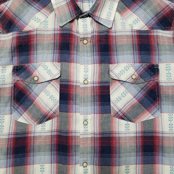 Desert Son Mens Plaid Snap Front Western Shirt XL Red Blue White Feather Print - Picture 5 of 13